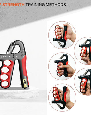 Problems Solved hand grip strengthener with automatic counter showing textured grip and adjustable resistance for exercise.