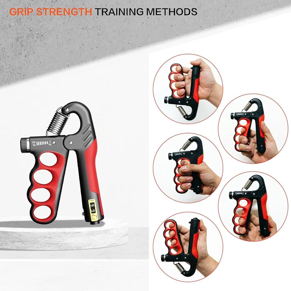 Problems Solved hand grip strengthener with automatic counter showing textured grip and adjustable resistance for exercise.