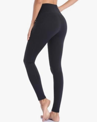 Women's high waist sports leggings with pockets by Problems Solved, shown in black, featuring a stretchy fit and convenient pocket details.