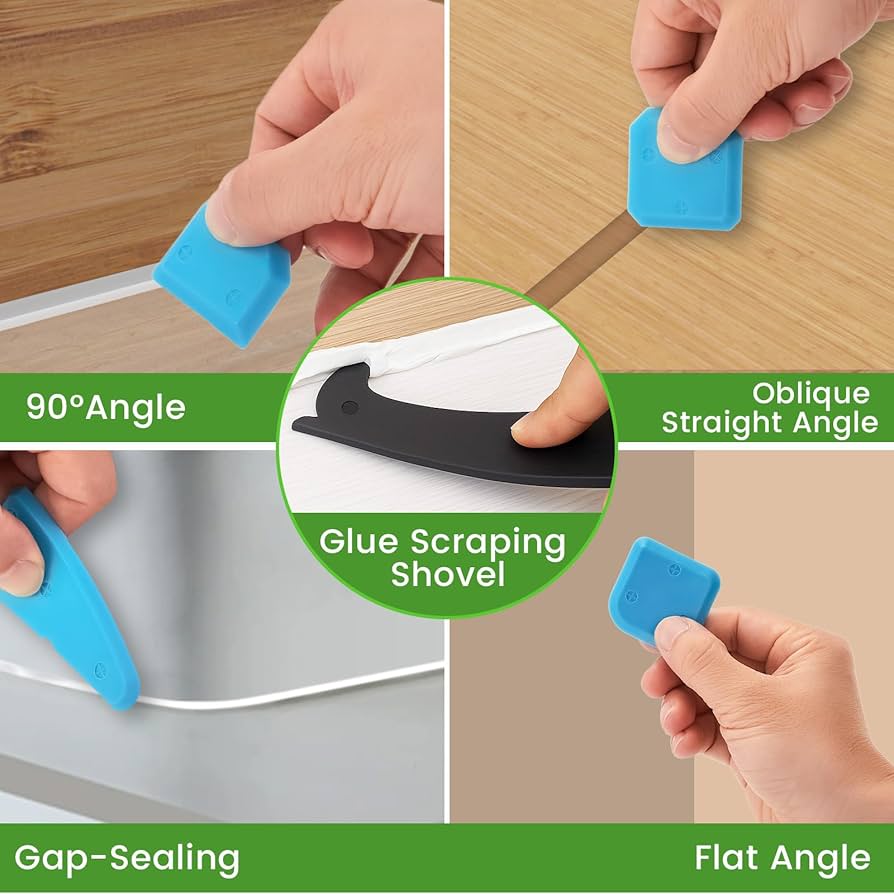 Problems Solved 5-in-1 caulking gun kit with caulk removal tool and putty knife, professional-grade sealing and repair tools.