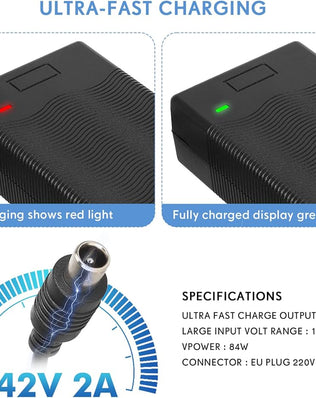 Problems Solved 42V 2A electric scooter charger for Xiaomi M365, Pro, Pro 2, and Xiaomi 3 models, with power cord and connectors.