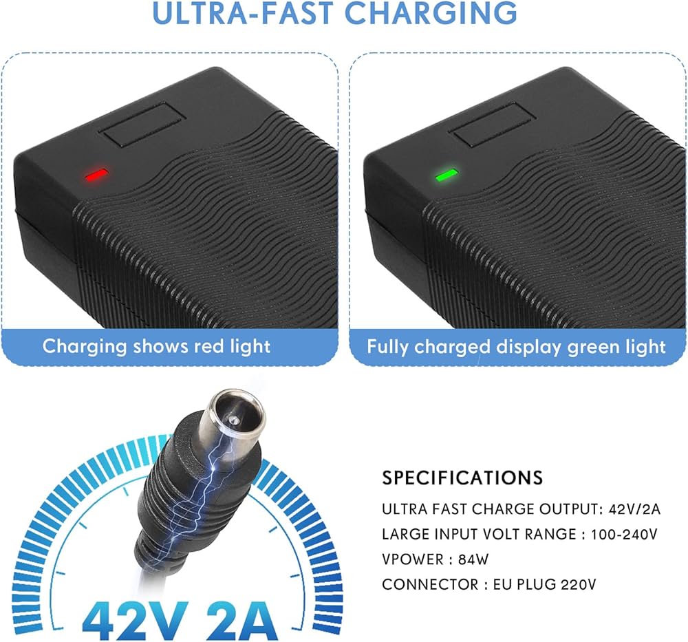 Problems Solved 42V 2A electric scooter charger for Xiaomi M365, Pro, Pro 2, and Xiaomi 3 models, with power cord and connectors.