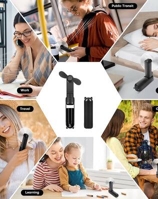 Problems Solved Mini Handheld Fan with 3-speed settings, rechargeable, quiet, portable USB fan for personal cooling.