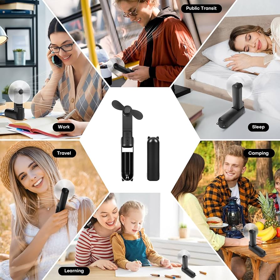 Problems Solved Mini Handheld Fan with 3-speed settings, rechargeable, quiet, portable USB fan for personal cooling.