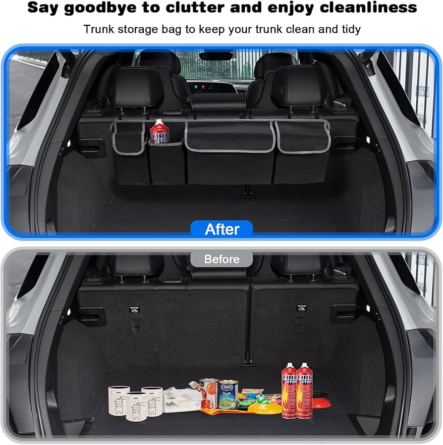 Problems Solved car back seat organizer with four pockets, hanging on seat back, keeps car interior tidy and organized.