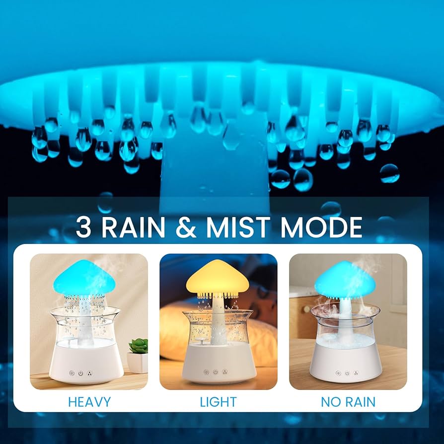 Cloud Humidifier with Remote Control, Waterfall Lamp, Mushroom Design, Rain Sounds