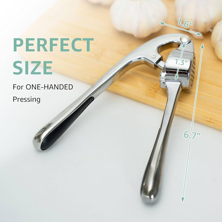 Problems Solved garlic press crusher and mincer tool for garlic and ginger, with stainless steel construction and ergonomic handle.