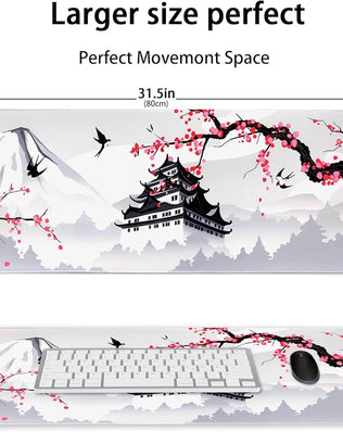 Problems Solved XXL large gaming laptop mouse pad with Japanese cherry blossom design in white, ideal for gaming and computer use.