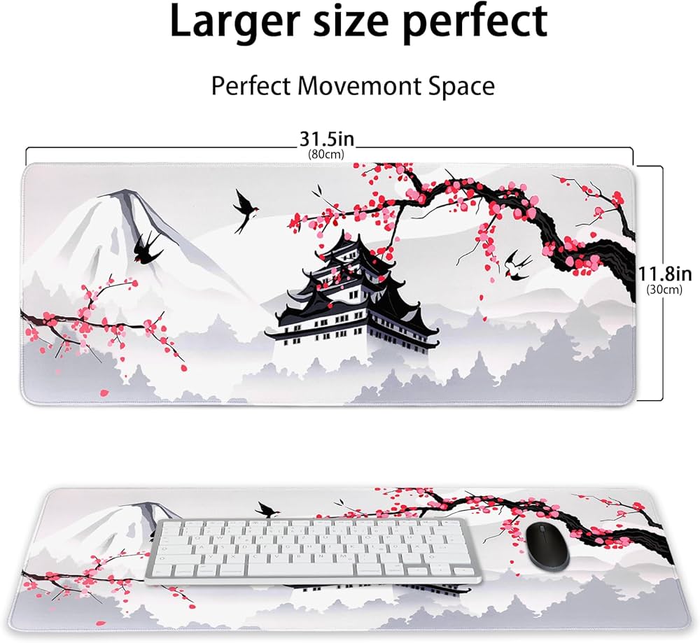 Problems Solved XXL large gaming laptop mouse pad with Japanese cherry blossom design in white, ideal for gaming and computer use.