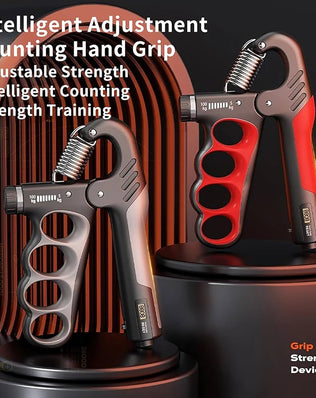 Problems Solved adjustable hand grip strength trainer with ergonomic handles, showing a person gripping the device for forearm and grip strength.