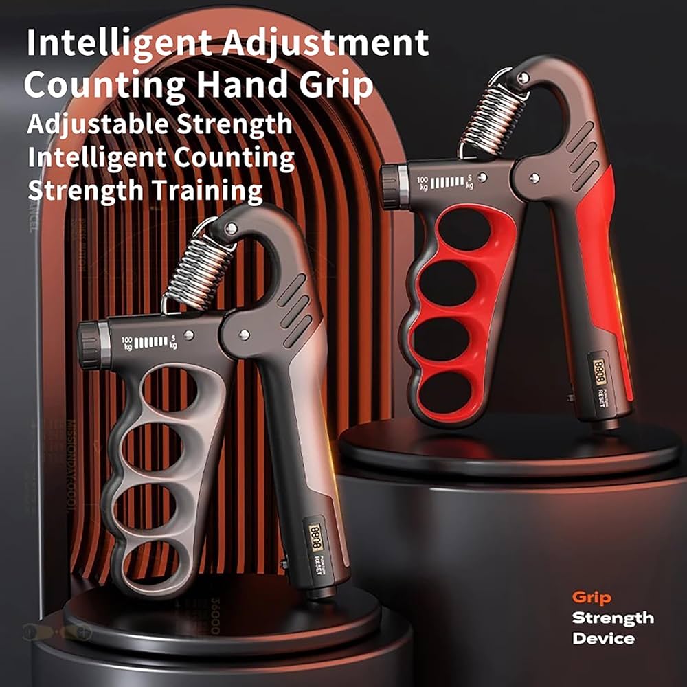 Problems Solved adjustable hand grip strength trainer with ergonomic handles, showing a person gripping the device for forearm and grip strength.