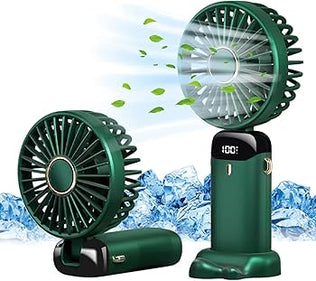 Problems Solved portable handheld USB rechargeable fan with five speed settings, compact design, and adjustable airflow.