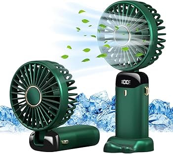 Problems Solved portable handheld USB rechargeable fan with five speed settings, compact design, and adjustable airflow.