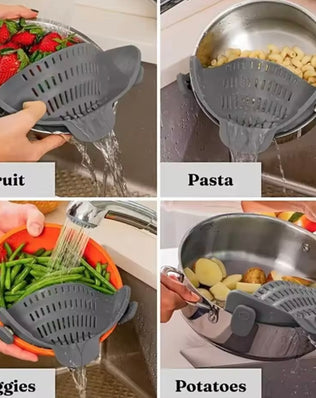 Problems Solved adjustable silicone clip-on drainer attached to a pot, designed for draining cookware and bowls easily.