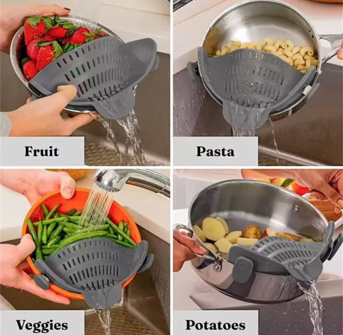 Problems Solved adjustable silicone clip-on drainer attached to a pot, designed for draining cookware and bowls easily.