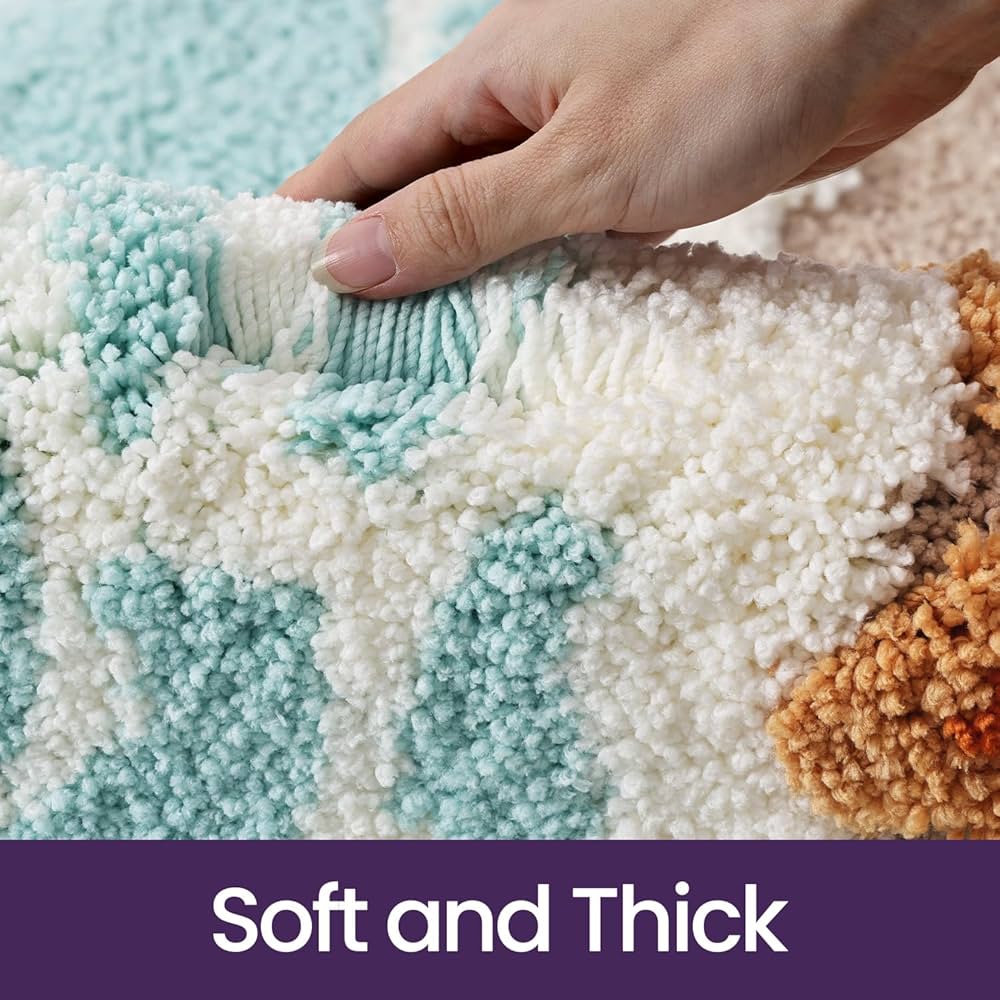Problems Solved oval bath mat, 61x110 cm, non-slip, soft, absorbent, washable bathmat with cute pattern on a bathroom floor.