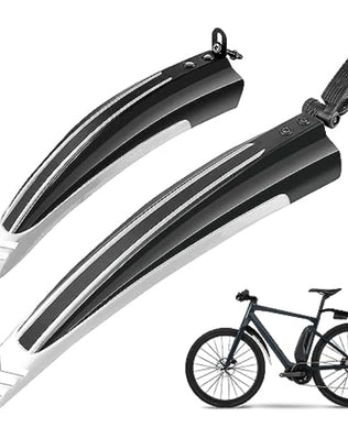 Two Problems Solved bicycle mudguards for mountain and road bikes, showing black fenders with mounting brackets on a bike.