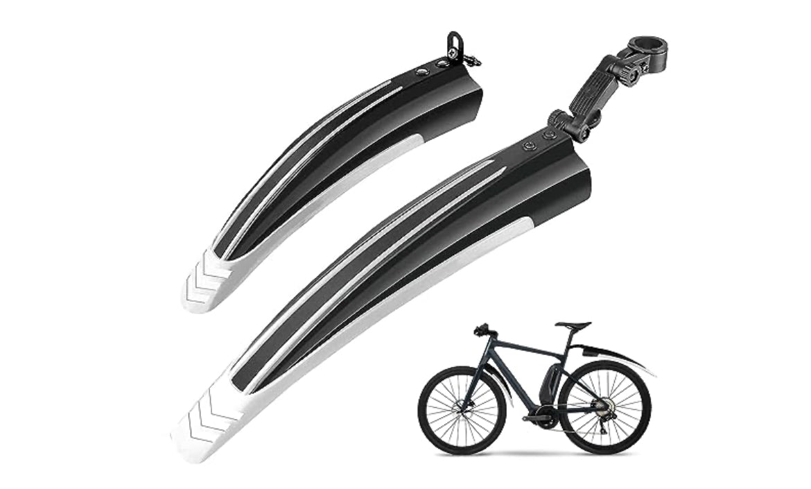 Two Problems Solved bicycle mudguards for mountain and road bikes, showing black fenders with mounting brackets on a bike.