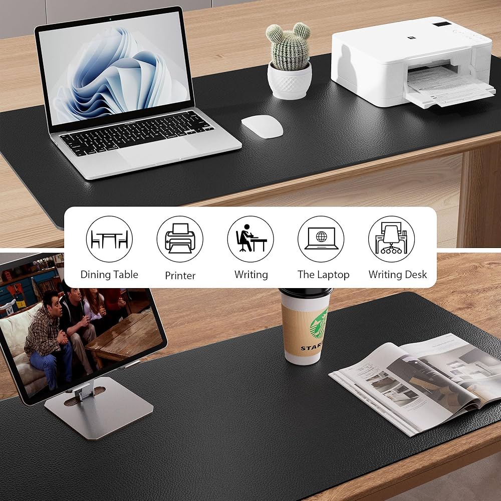 Problems Solved leather desk pad protector with non-slip PU leather surface, used as a mouse pad and office desk mat.