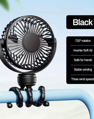 Problems Solved mini portable pram fan, rechargeable clip-on stroller fan with detachable design shown attached to a stroller.