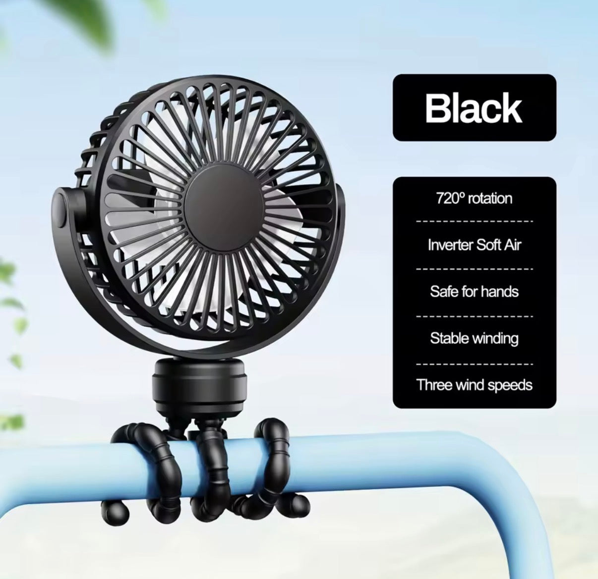 Problems Solved mini portable pram fan, rechargeable clip-on stroller fan with detachable design shown attached to a stroller.