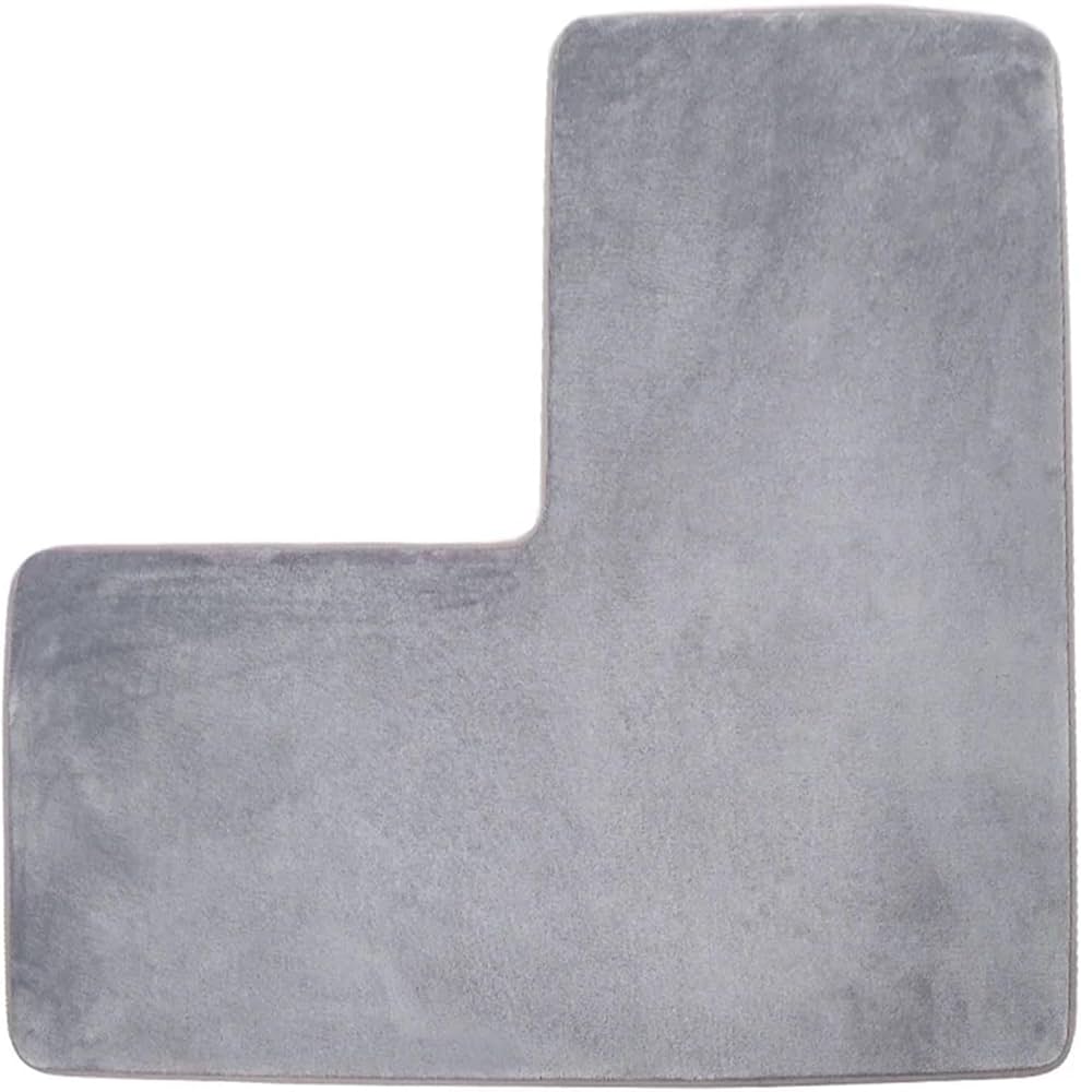 Problems Solved shaped bath mat with soft coral fleece, non-slip corner shower rug for bathroom floor comfort and safety.