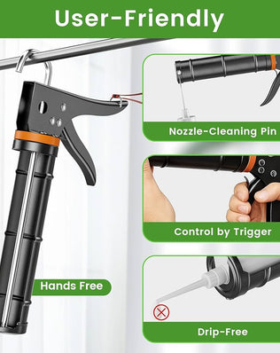 Problems Solved 5-in-1 caulking gun kit with caulk removal tool and putty knife, featuring ergonomic handles and precise application tools.
