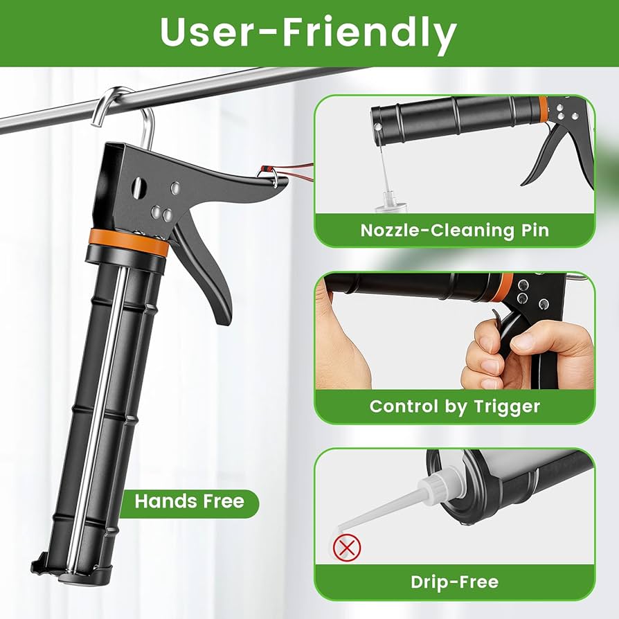 Problems Solved 5-in-1 caulking gun kit with caulk removal tool and putty knife, featuring ergonomic handles and precise application tools.