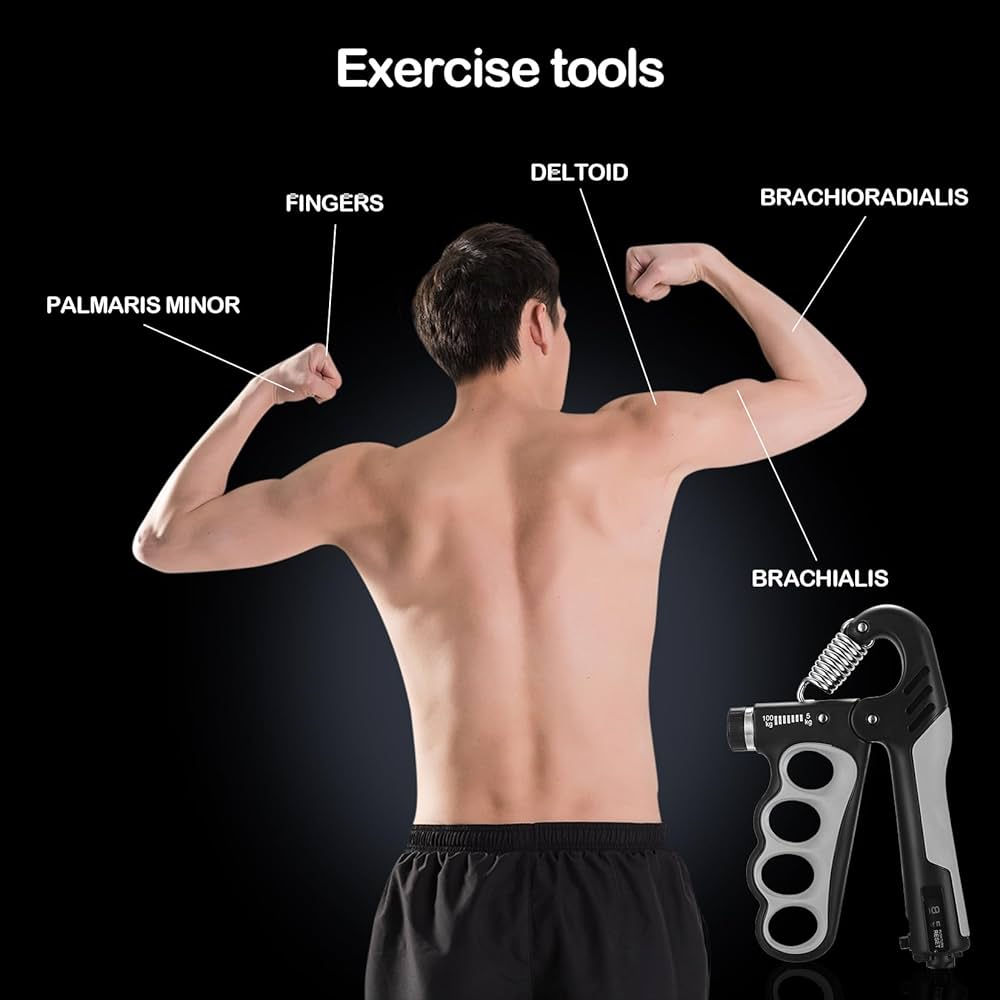 Problems Solved adjustable grip strengthener with 5-100 kg resistance, showing textured handles and adjustable dials for hand exercise.