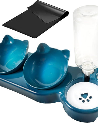 Problems Solved 3-in-1 cat food and water bowl set with waterproof mat, raised tilted design for comfortable feeding.
