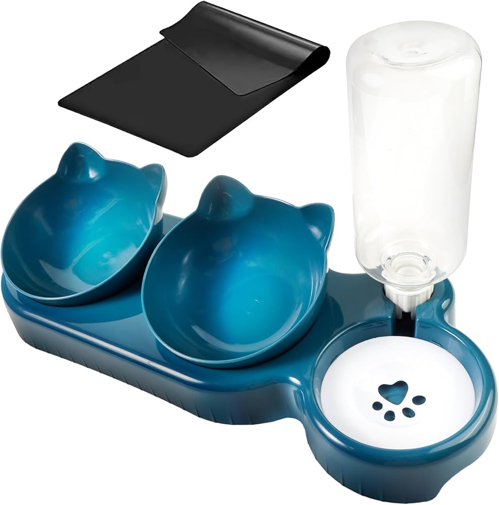 Problems Solved 3-in-1 cat food and water bowl set with waterproof mat, raised tilted design for comfortable feeding.