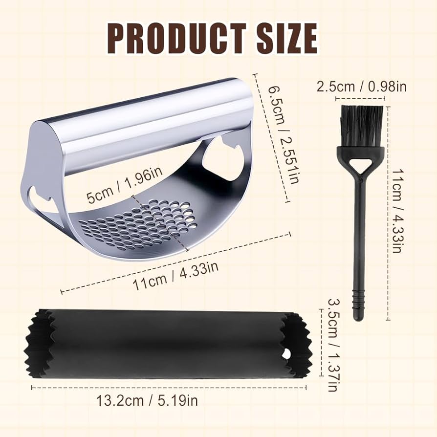 Problems Solved stainless steel garlic press rocker and crusher with ergonomic handle, designed for easy mincing of garlic cloves.