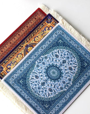 Problems Solved oriental carpet pattern mouse mat made of textile fabric, designed as a creative mini rug for desktop use.
