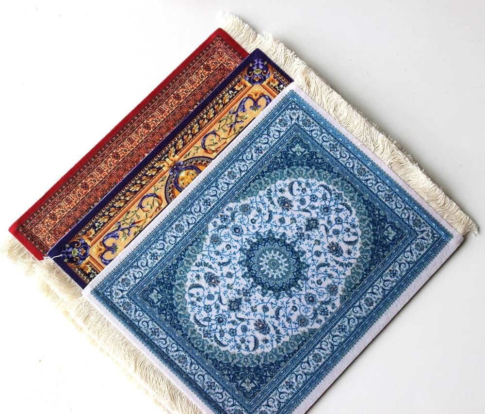 Problems Solved oriental carpet pattern mouse mat made of textile fabric, designed as a creative mini rug for desktop use.