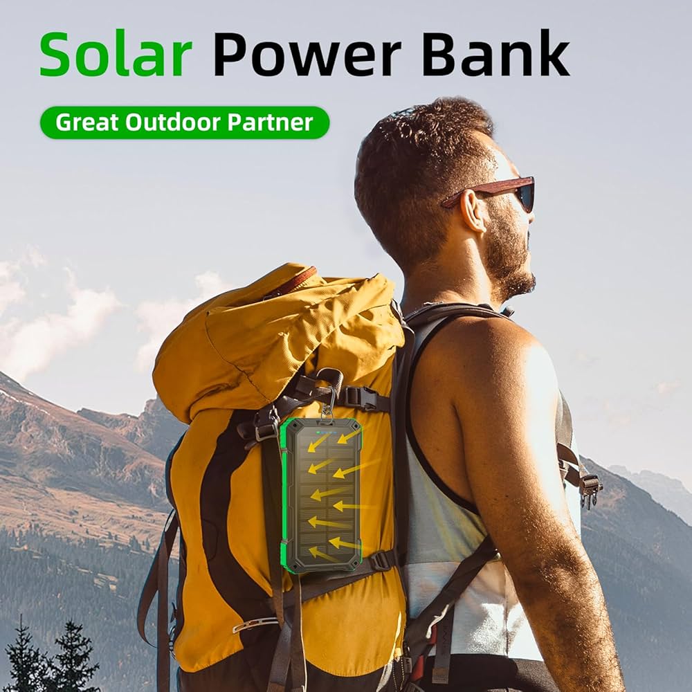 Problems Solved solar power bank with dual USB ports, LED flashlight, and built-in compass for portable charging and outdoor use.