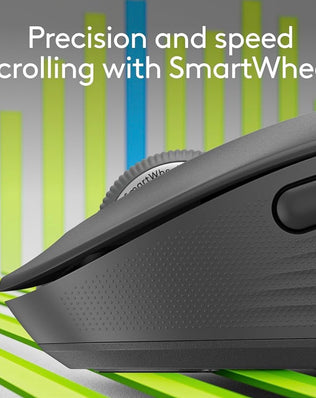 Problems Solved Signature M650 L full-size wireless mouse with ergonomic design and multiple buttons, seen on a desk.