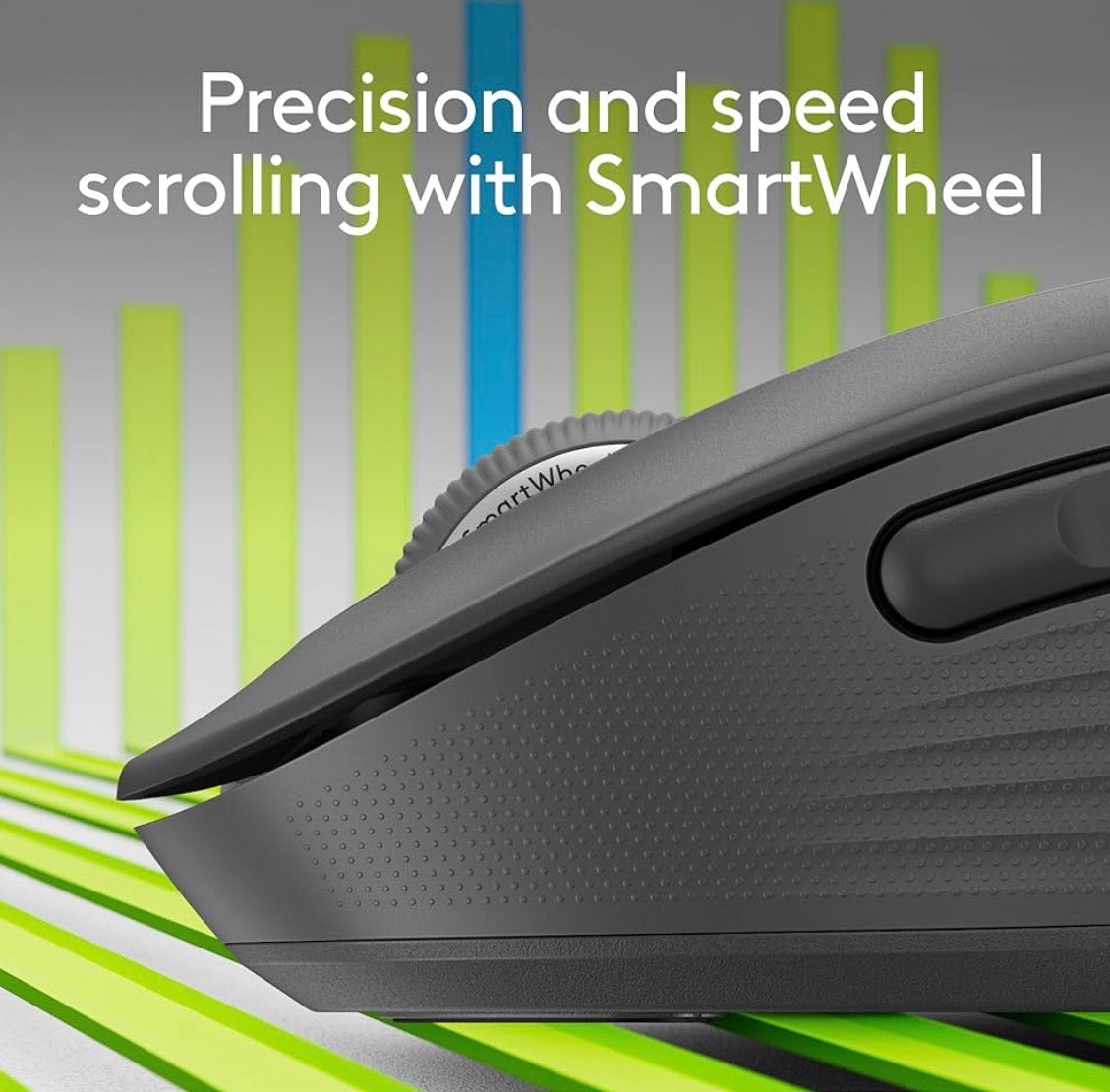 Problems Solved Signature M650 L full-size wireless mouse with ergonomic design and multiple buttons, seen on a desk.