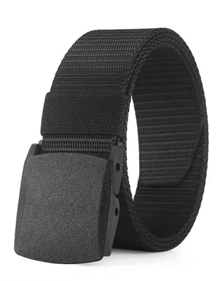 Men's outdoor casual canvas belt by Problems Solved with a metal-free buckle, shown in a natural outdoor setting.