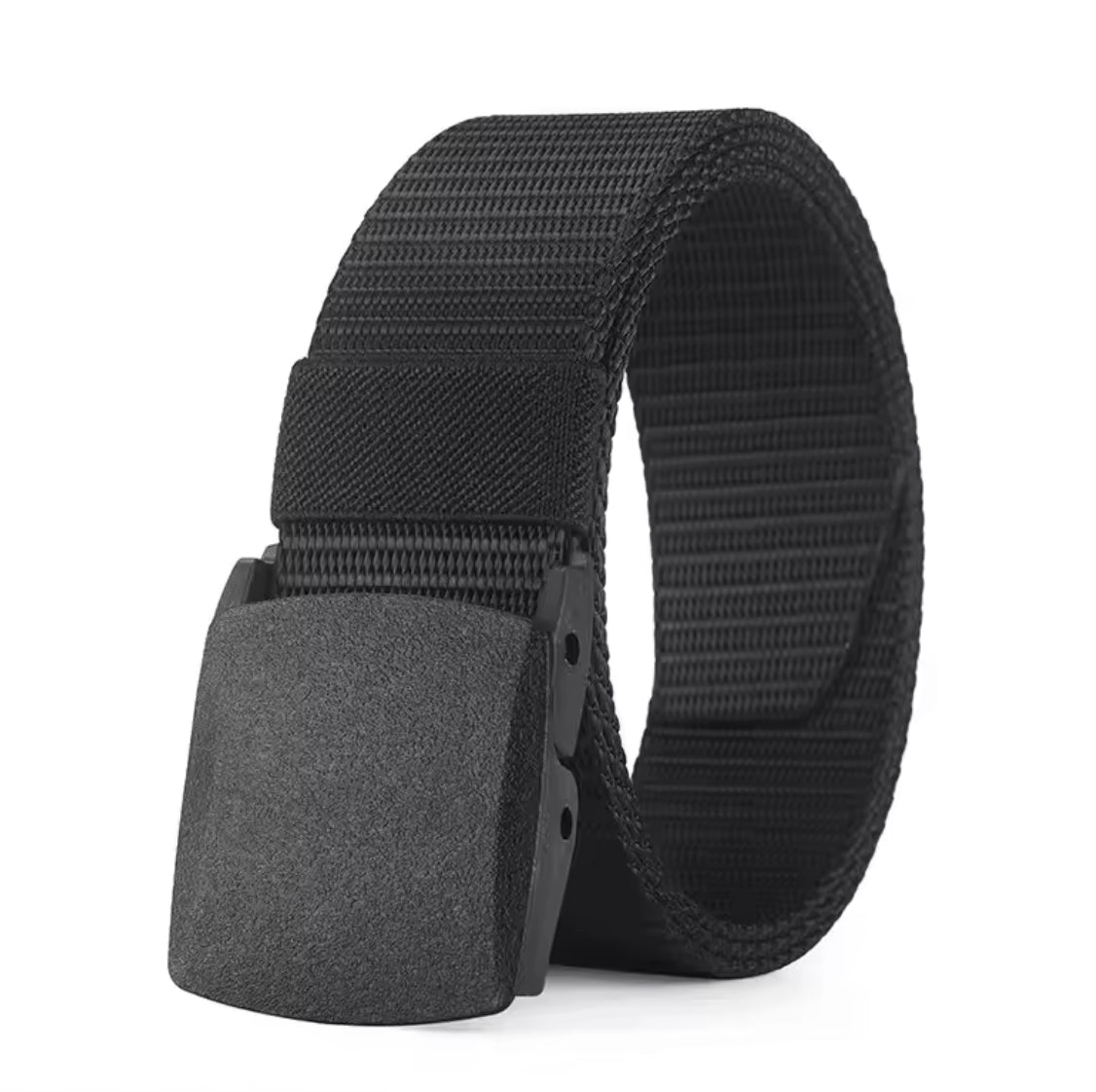 Men's outdoor casual canvas belt by Problems Solved with a metal-free buckle, shown in a natural outdoor setting.