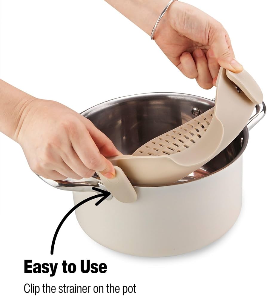 Problems Solved silicone pot strainer clip on for pots and pans, heat-resistant kitchen pot drainer in use.