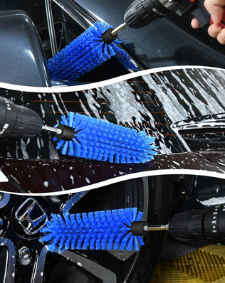 Problems Solved drill brush for car wheels and bottles, dense and durable cleaning tool with ergonomic handle for car cleaning tasks.