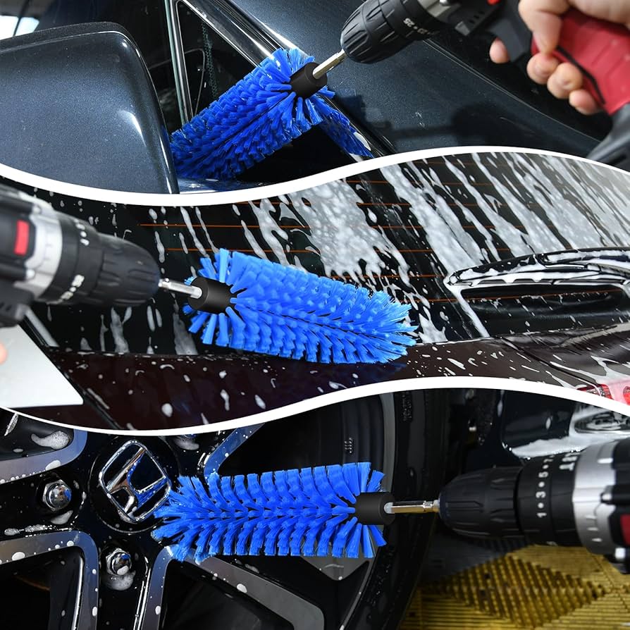Problems Solved drill brush for car wheels and bottles, dense and durable cleaning tool with ergonomic handle for car cleaning tasks.