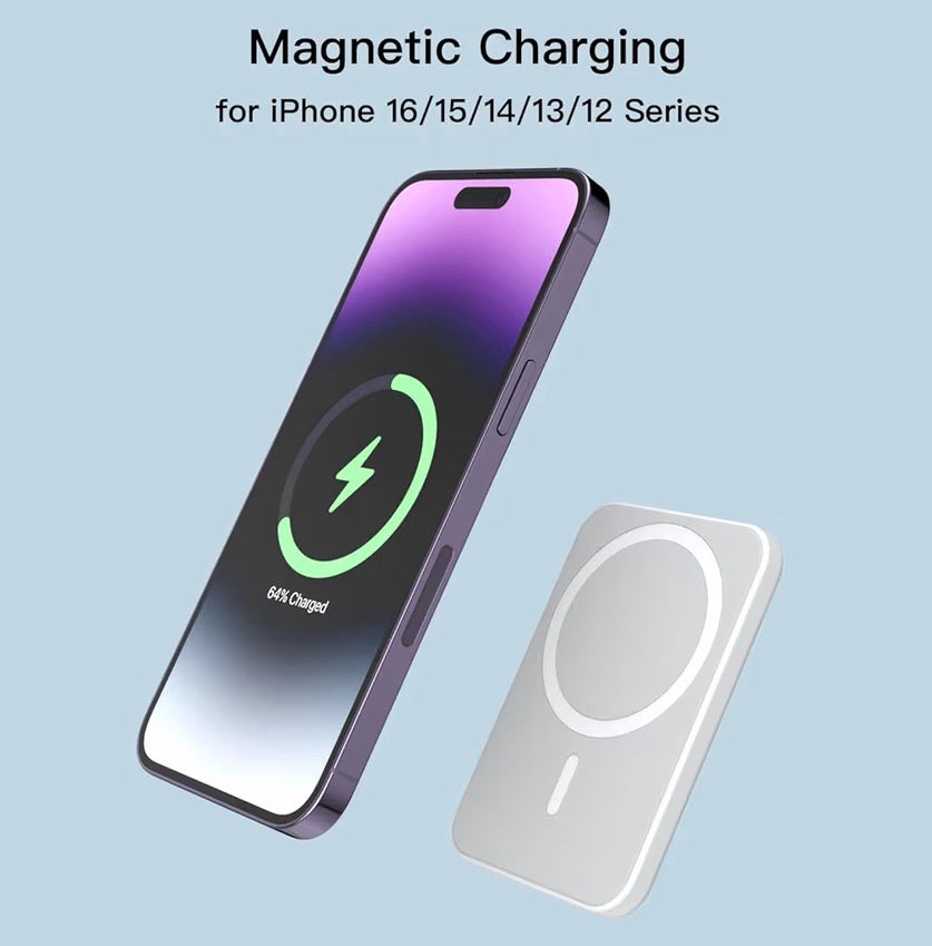 Problems Solved wireless magnetic power bank with 5000mAh capacity, compact portable charger with magnetic attachment.