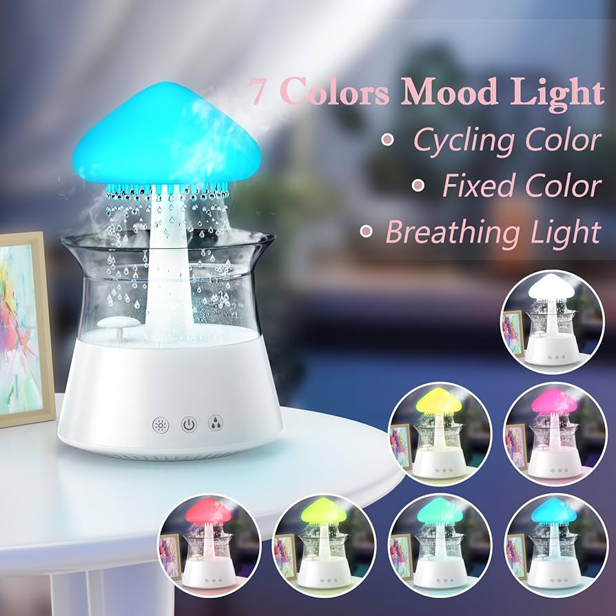 Cloud Humidifier with Remote Control, Waterfall Lamp, Mushroom Design, Rain Sounds