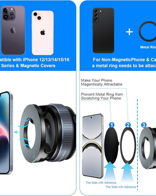 Problems Solved magnetic phone holder with 360° rotating, adjustable, and foldable design mounted on a car dashboard.