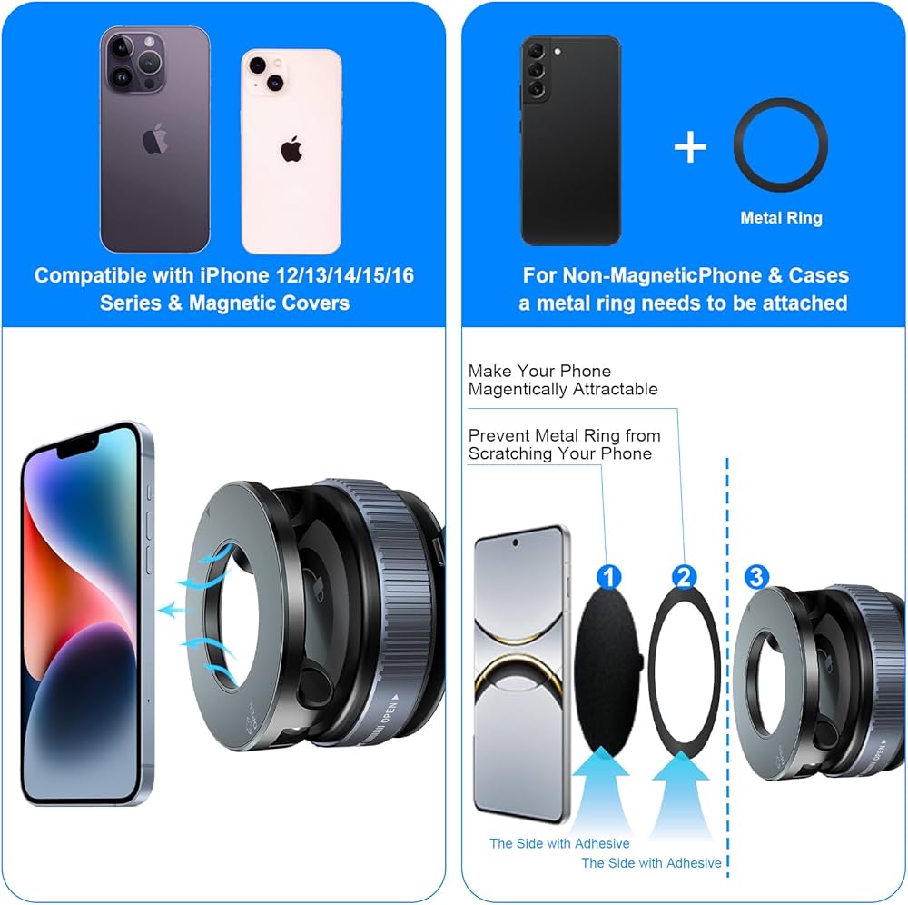 Problems Solved magnetic phone holder with 360° rotating, adjustable, and foldable design mounted on a car dashboard.