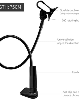 Flexible foldable cell phone and tablet holder with 360-degree clip mount, by Problems Solved, shown attached to a surface.