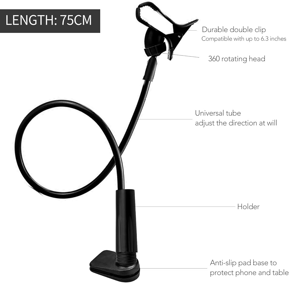 Flexible foldable cell phone and tablet holder with 360-degree clip mount, by Problems Solved, shown attached to a surface.