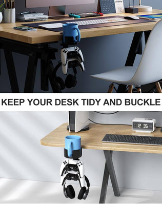 Problems Solved 360º rotating gaming controller headset stand with desk clamp, holds controllers and headsets neatly on a desk.