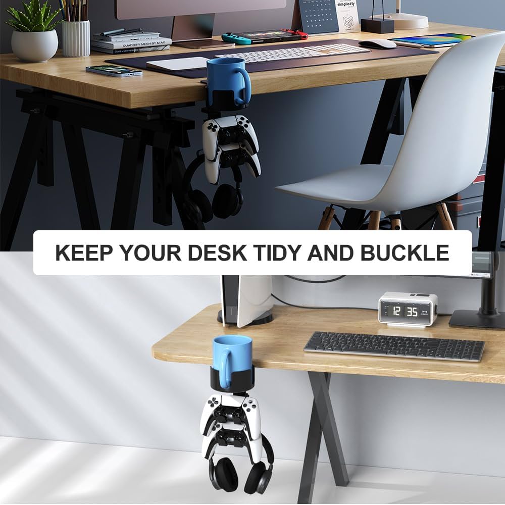 Problems Solved 360º rotating gaming controller headset stand with desk clamp, holds controllers and headsets neatly on a desk.
